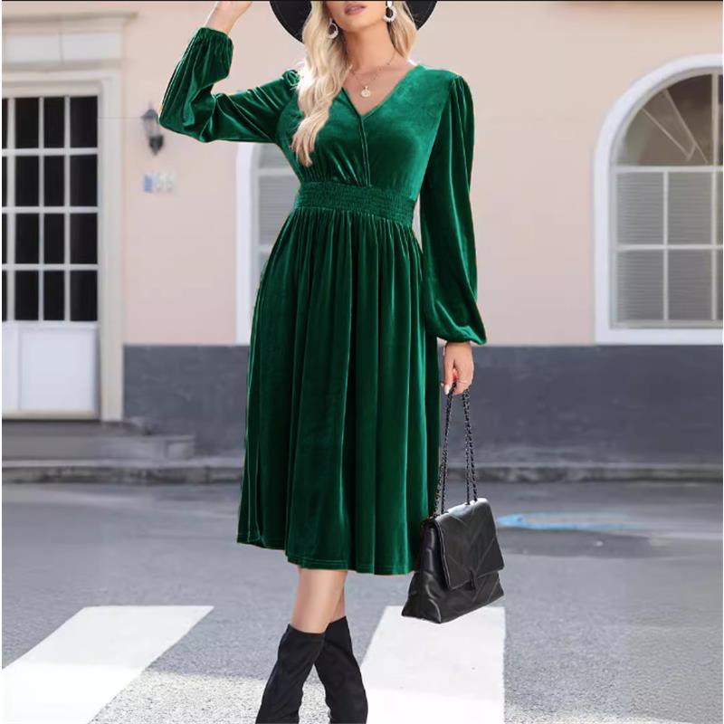 Abito Midi da Donna Monocolore a Maniche Lunghe con Scollo a V e Pieghe in Vita Alta