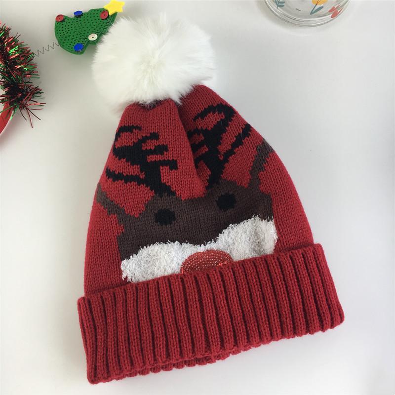 Autumn and Winter Elk Hairball Knitted Hat Cute Christmas Dress Up Red Wool Hat Popular In Europe and America