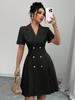 Autumn women's new skirt solid color short-sleeved waist double-breasted dress
