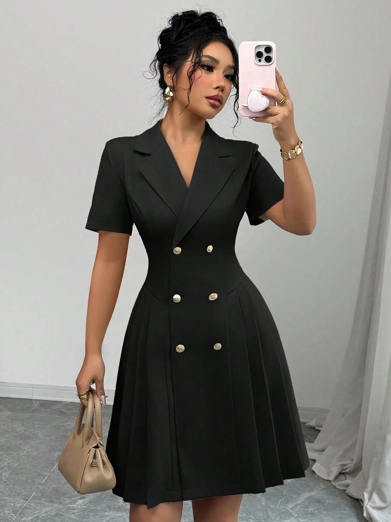 Autumn women's new skirt solid color short-sleeved waist double-breasted dress