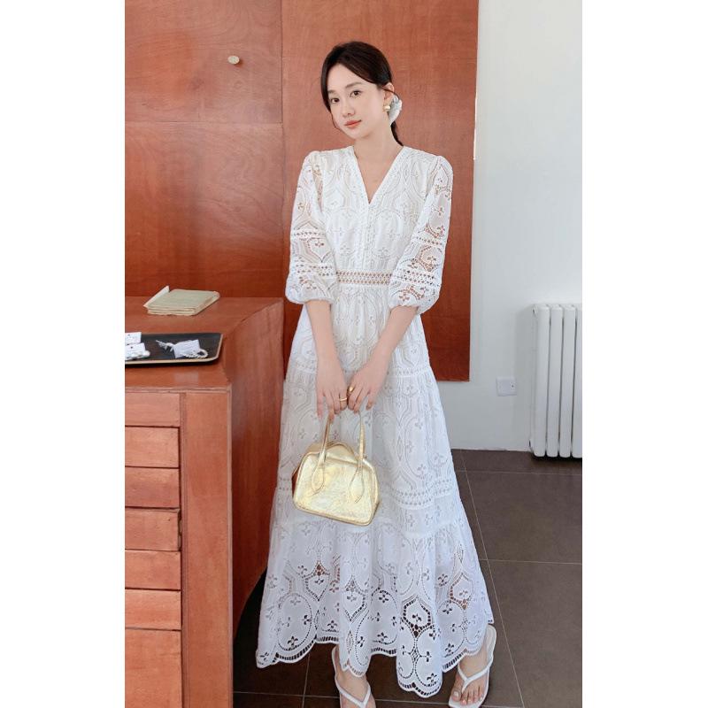Elegant V-neck Puff Sleeve Crochet Hollow Summer Dress - 2025 Collection (A6809)