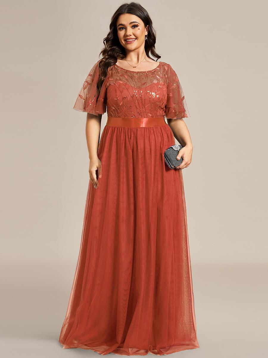 

Всегда красивое женское платье трапециевидной формы с короткими рукавами и вышивкой пайетками больших размеров для свадебного гостя 9XL сожжены оранжевый