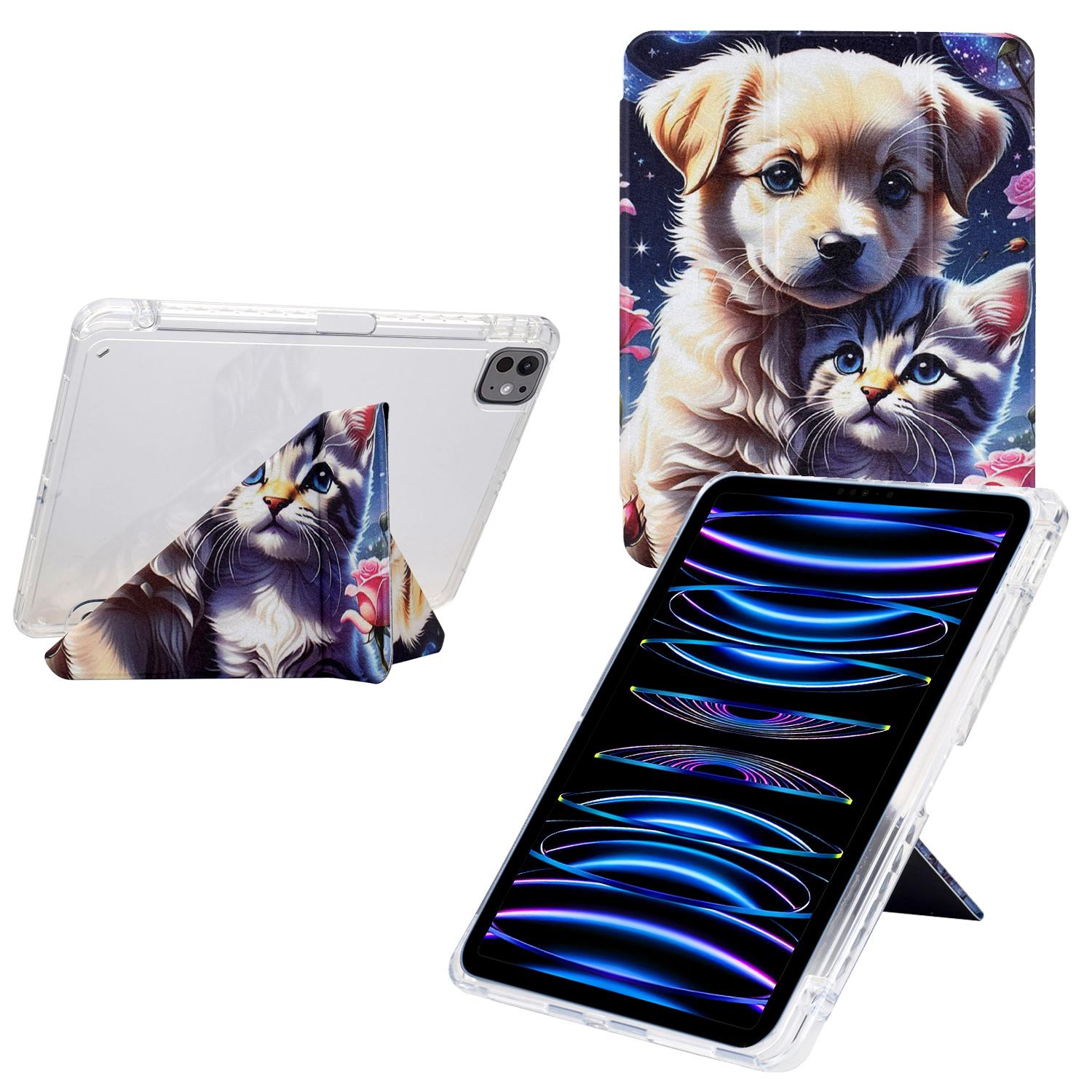 

Tablet Case For iPad Pro 12.9 (2022)/(2021)/(2020)/(2018),Stand Pattern Print Leather+Clear Acrylic Cover with Pencil Holder Cat and Dog