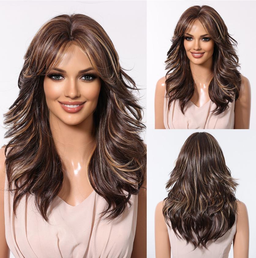 LOUIS FERRE Brown Blonde Ombre Synthetic Wigs for Women Medium Length Wavy Layered Wigs With Side Bangs Daily Party Heat Resistant Fake Hair