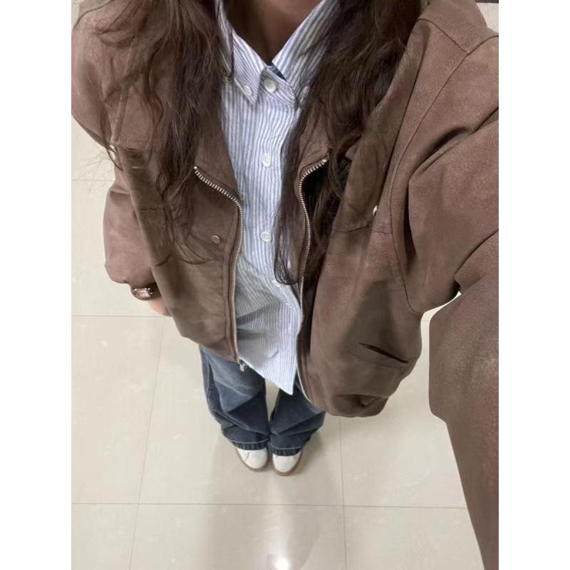 Women's Retro Brown PU Leather Lapel Jacket - Spring/Autumn 2025 Emotional Couple Style