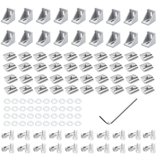 

Набор соединителей для алюминиевого профиля серии 3030: 20 угловых кронштейнов, 40 гаек с Т-образным пазом M6x16 мм, 40 плоских шайб M6, 40 винтов с шестигранной головкой и внутренним шестигранником M6x12 мм и 1 he