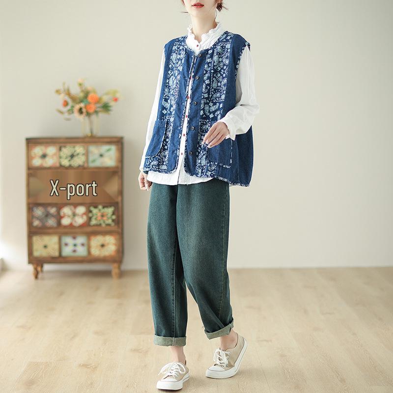 2024 Ethnic Style Printed Sleeveless Vest - Japanese Versatile Loose Fit