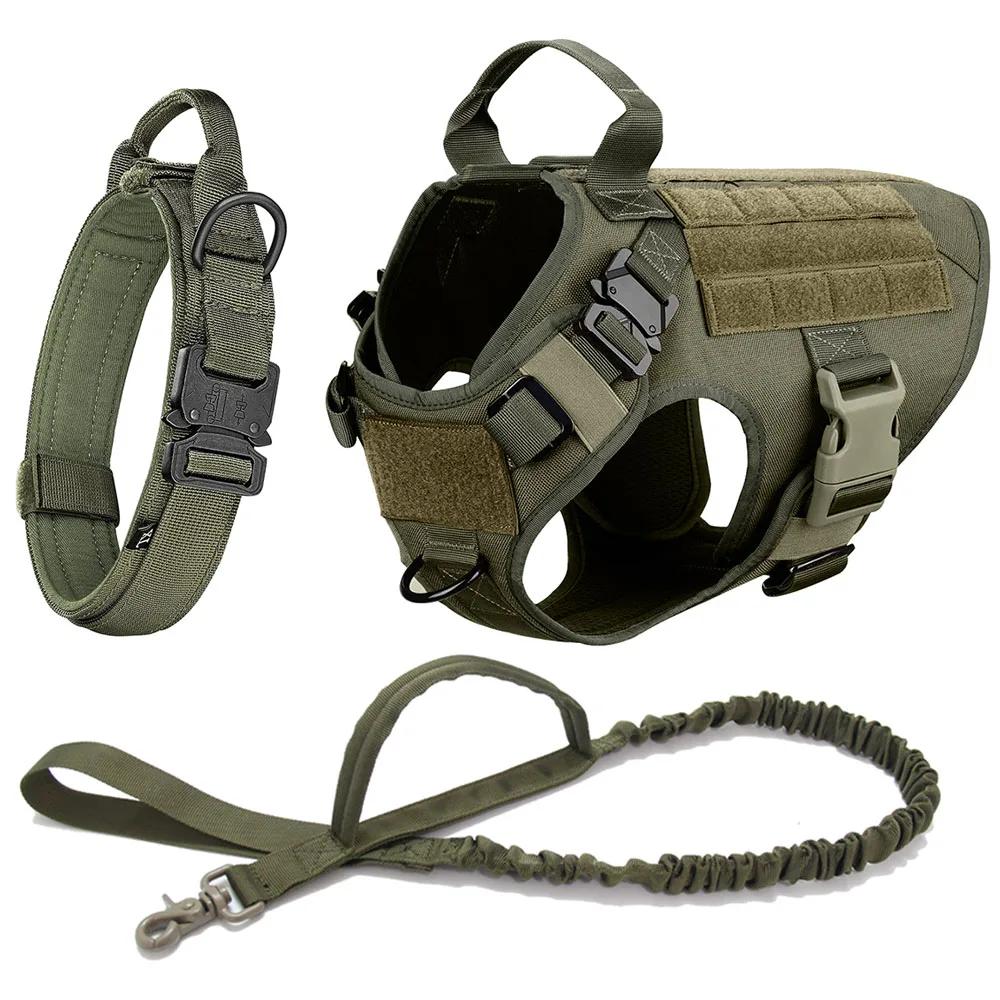 Tactical Dog Harness Collar Leash Set Dog Vest with Molle System & Handle Adjustable for Medium Large Dogs Outdoor Training