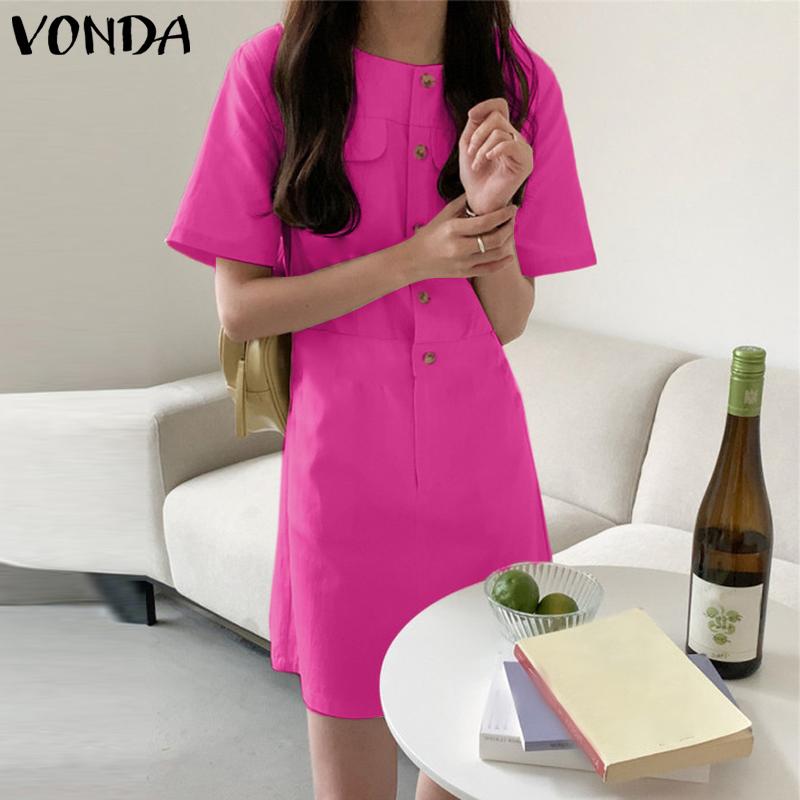 

VONDA женские летние с круглым вырезом и коротким рукавом с открытой дверью, объемные пуговицы, карманы, однотонные свободные короткие платья