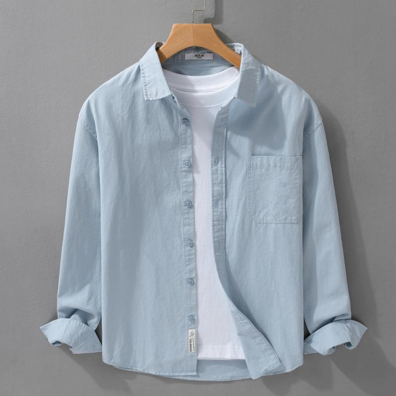 Spring and Summer Long Sleeve Mens Shirts Korean Version Solid Color Slim Shirts Comfort Pure Cotton Turn Down Collar Solid Color Casual Tops