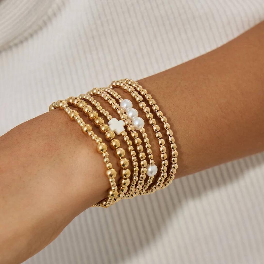 Ingemark 7 Styles Goth Acrylic Imitation Pearl Elastic Chain Bracelets for Women Boho Stacked Strand Beads Bangle Couple Jewelry
