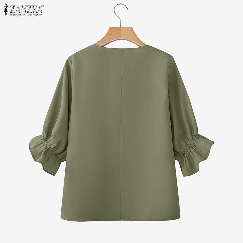 ZANZEA Summer Women V Neck 3/4 Sleeve Casual Loose Blouse