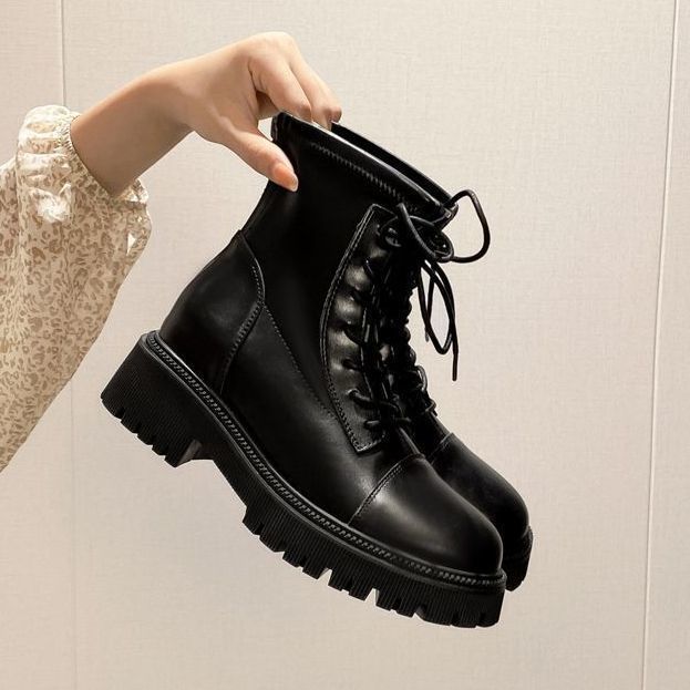 Fashion versatile and comfortable women's boots thick heel heightening short boots autumn and winter 2025 autumn and winter new British lace-up Mart