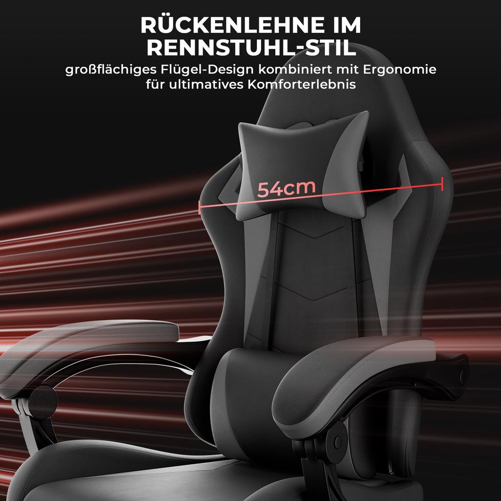 Gaming Chair Ergonomic Gaming Chair with Lumbar Cushion and Headrest, Gamer Chair Height Adjustable, PC Chair for Adults Girls Boys, Black-Grey