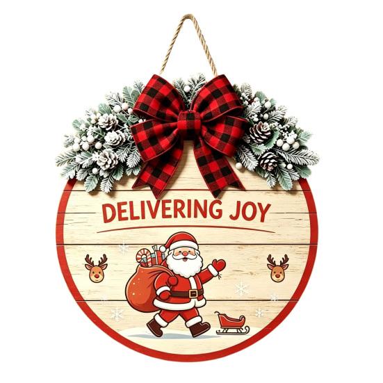 Decorative Pine Cone Sign Christmas Wooden Welcome for Front Door, Round Hanging Ornament with Solid Wood Plate Artificial Branches & Bow Decor