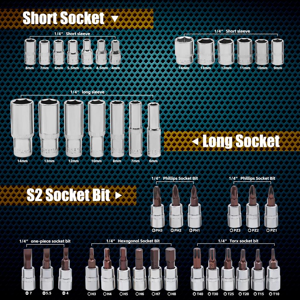 Socket Wrench Set 1/4" 24/72 Tooth Ratcheting Wrench Set with Extension Bar for Motor Repairing and Household, with Storage Case