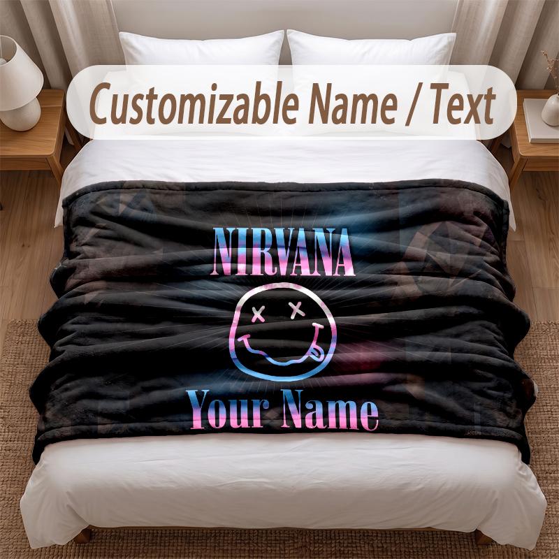 Nirvana Printed Flannel Blanket Custom Name Text Soft Warm Throw For Bedroom Holiday Gift