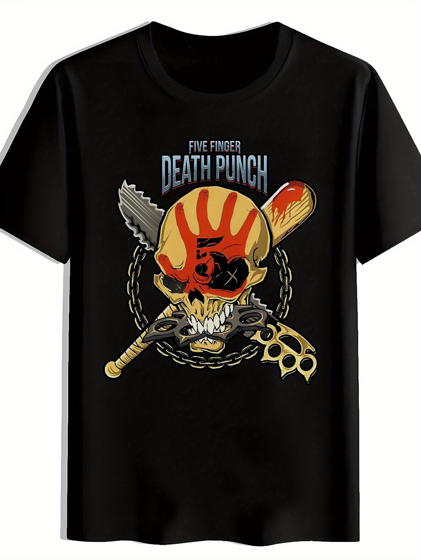 

Black T-shirt with Five Finger Death Punch Skull & Chain Graphic - Bold Red & Yellow Design L