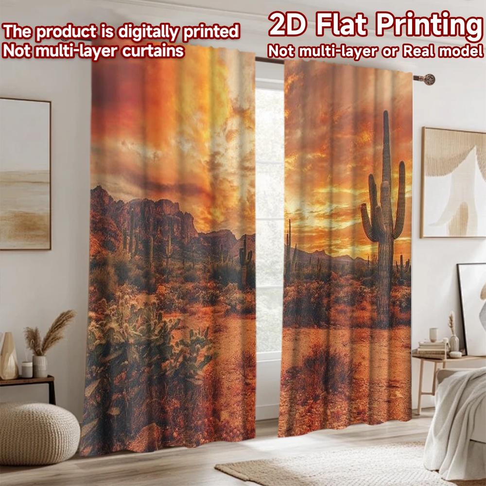 2D flat printing 2pcs Party Curtain Desert Cactus Sunset Arizona Landscape Digital Printed Polyester Drapes All Season Party &