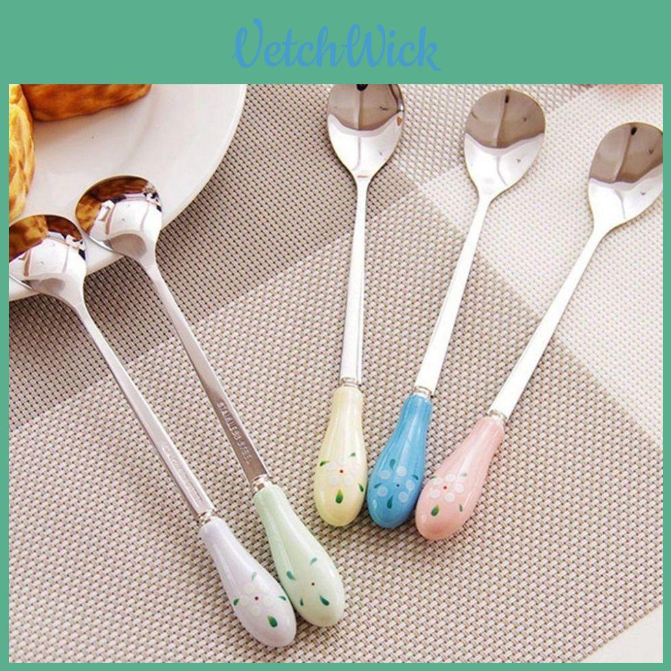 Elegant Ceramic Handle Floral Stirring Spoon With Stainless Steel For Milk And Coffee