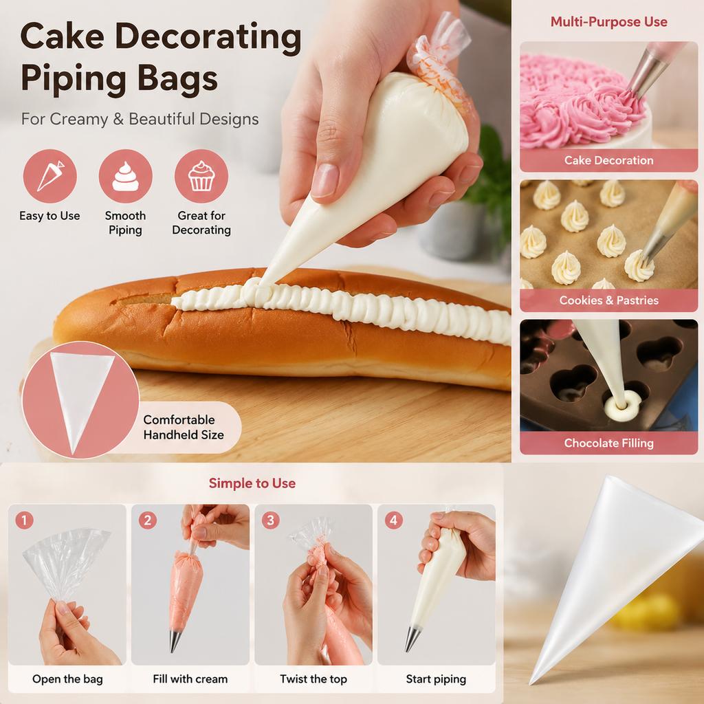 Piping Bags 50 Pcs White Disposable Triangular Pastry Icing Bags for Cake Decorating, Cupcakes, Desserts and Baking