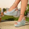 Rose Print Peep Toe Sandals Women 2025 Summer Wedge Heels Back Strap Shoes Women Soft Sole Non Slip Beach Sandals