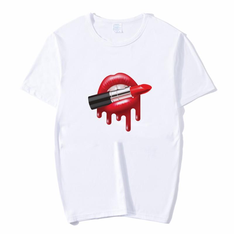 Summer Tops Red Mouth Lip Kiss Printed Women Fashion Tshirt Funny Leopard Graphic Tee