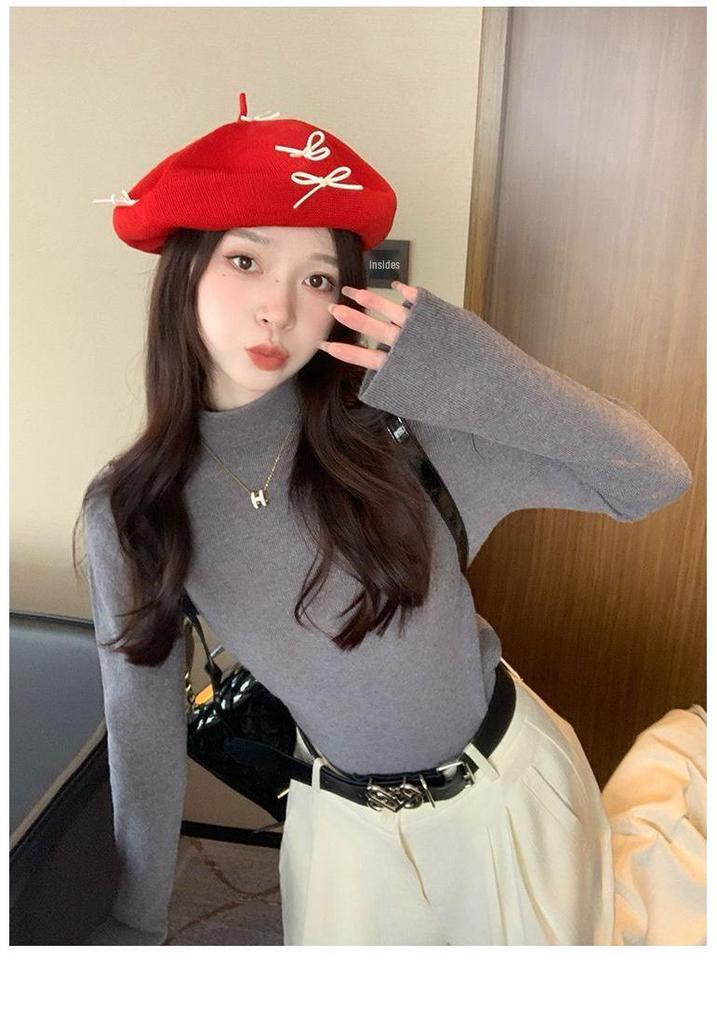 Women's Korean Style Soft Semi-High Neck Slim Fit Pullover Knit Sweater for Autumn and Winter