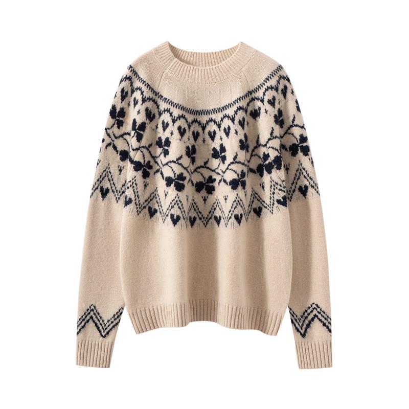Women's Fair Isle Color Block Cashmere Knit Sweater: Autumn/Winter Slim Fit Pullover