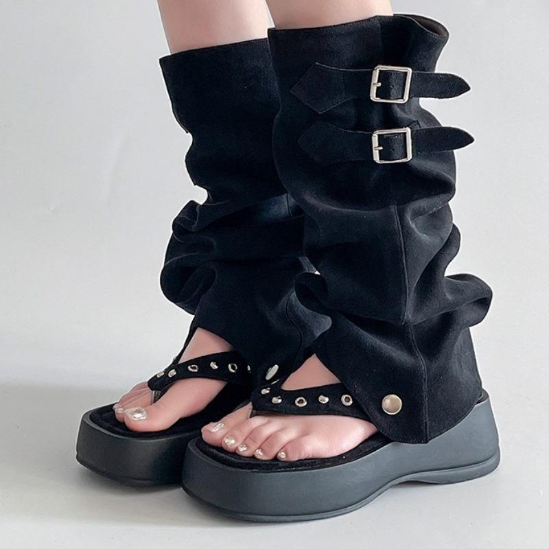 Damen Zwei-Trage-Zehen-Stacking-Hosen-Röhrenstiefel Damen Dicksohlige Fischgrät Hoher Schaft Römisch Damen Sandalen Sandalias Mujer