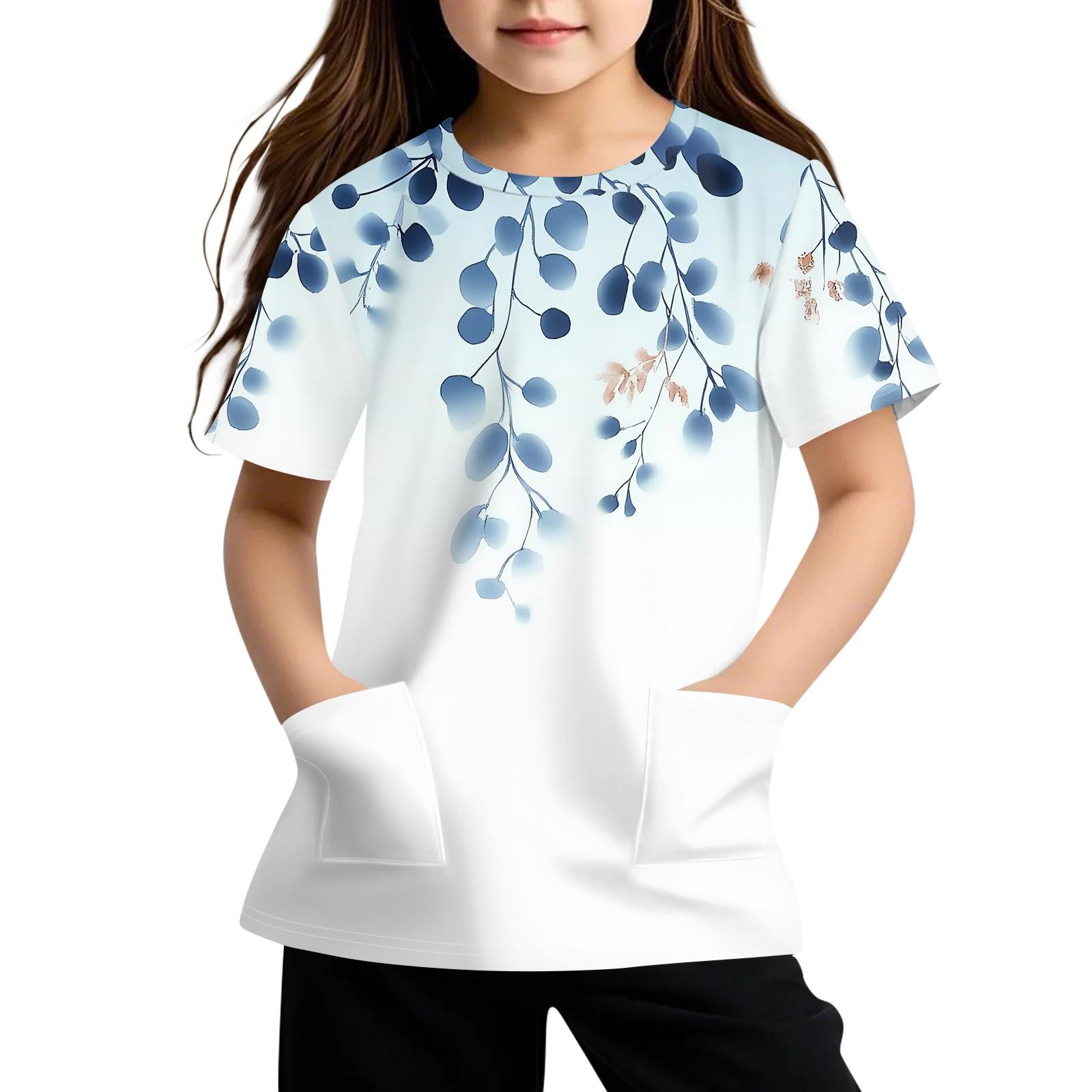 

Детская футболка с короткими рукавами и карманами, повседневная футболка с принтом, круглый вырез, блузка-пуловер 160 белый