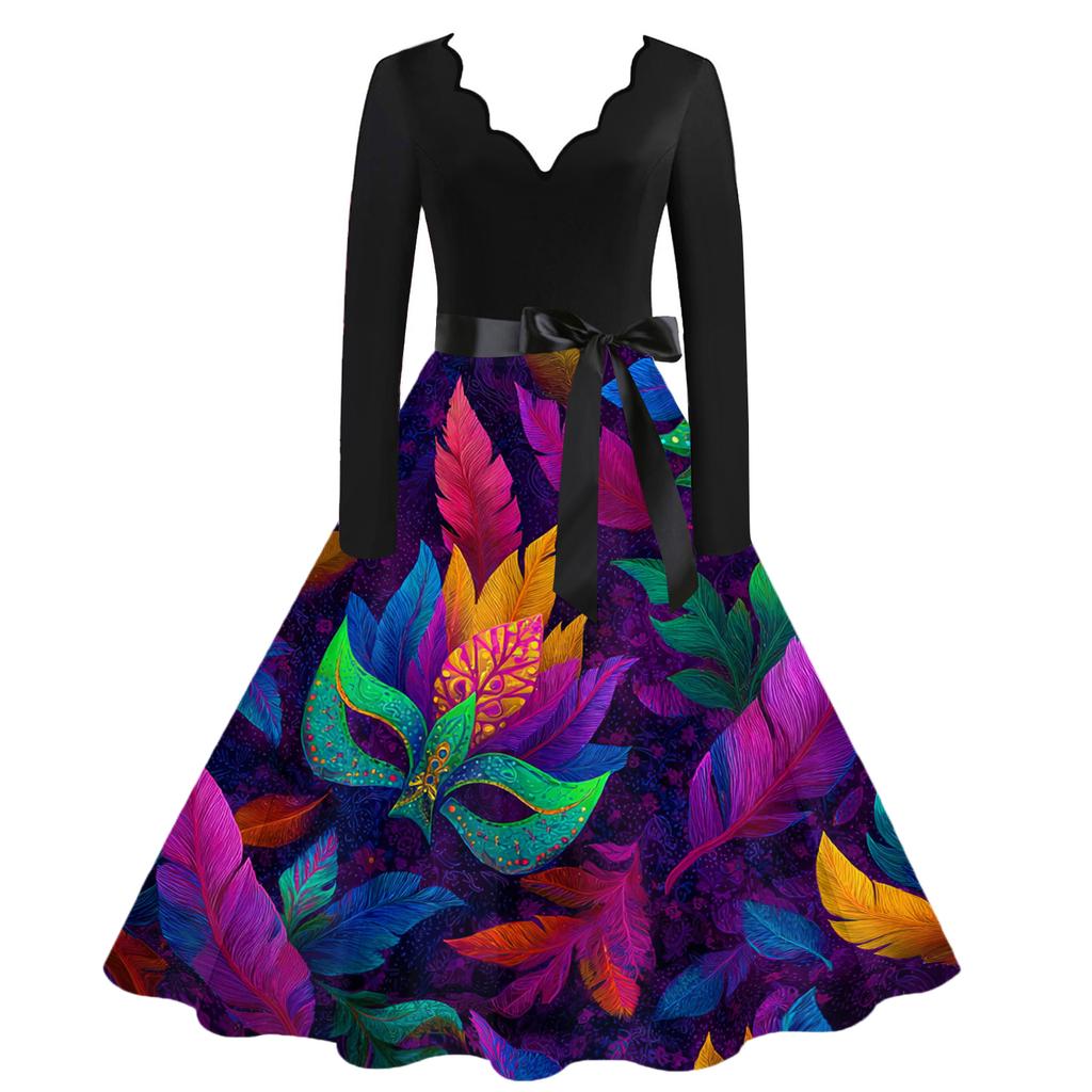 Women's Casual Fashion V Neck Carnival Printed Vintage Dress