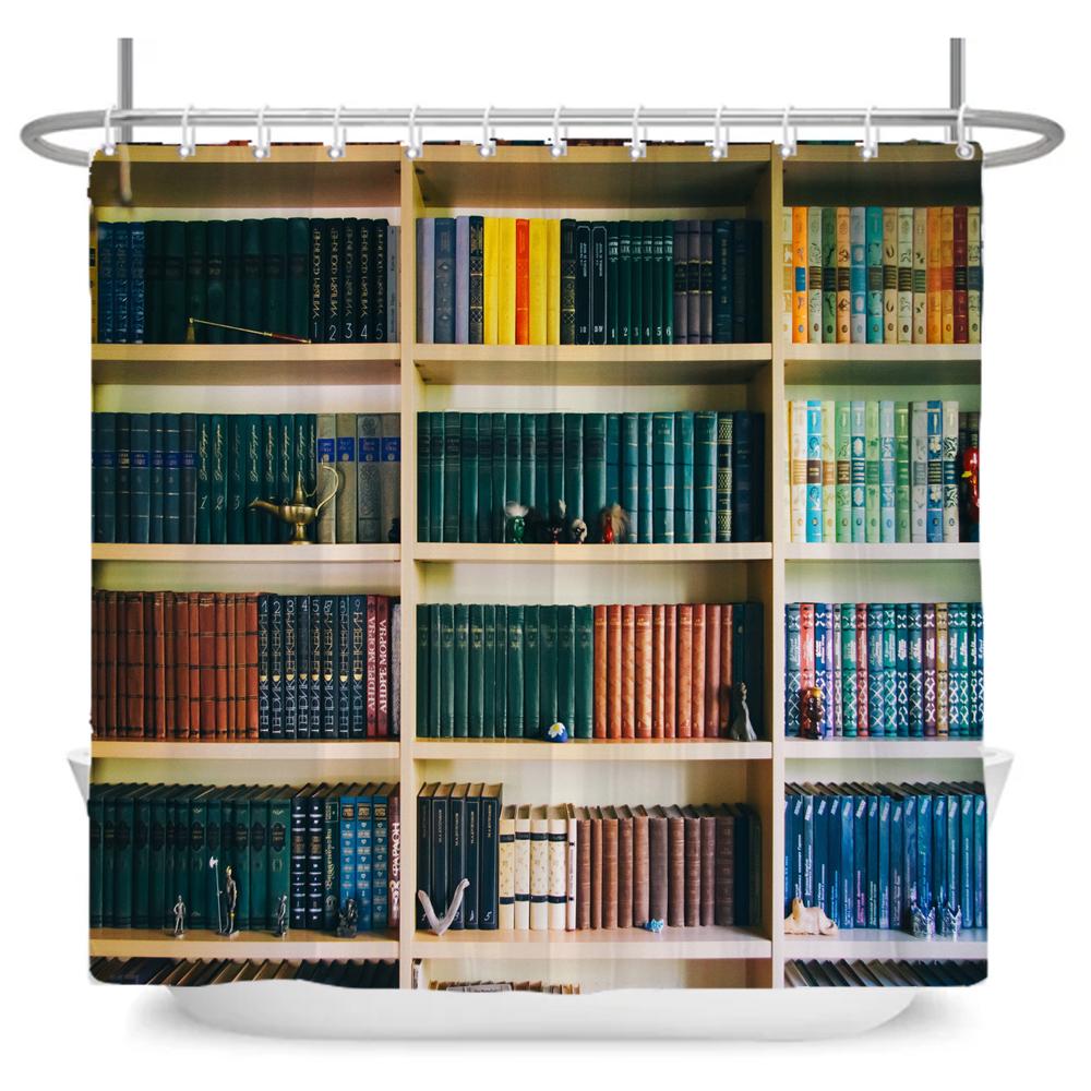 Retro style Art Bookshelf Printed Shower Curtain Bathroom Waterproof Bath Curtain With Hook Home Decoration Curtain Wall Cloth