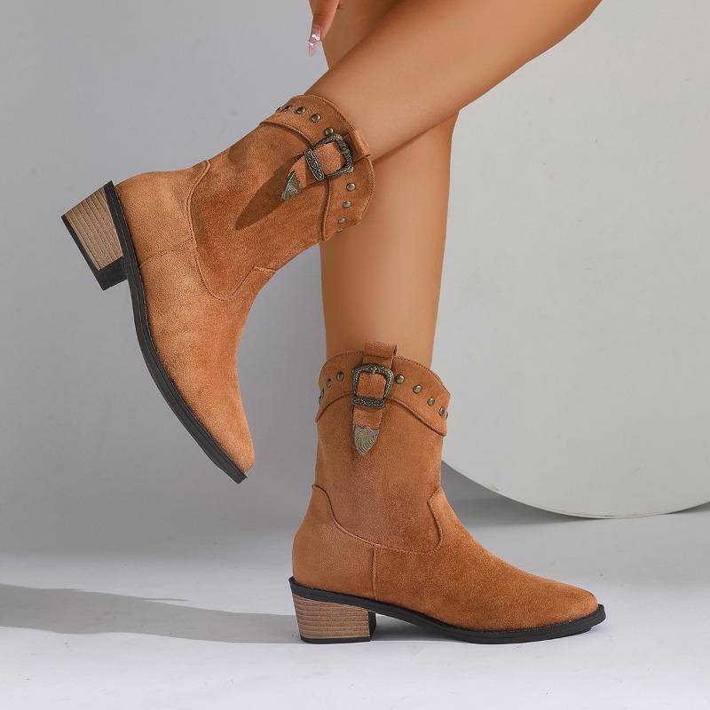 Women's Retro Short Boots Faux Suede Chunky Heel Pointed Toe V-Cut Cross-Border Large Size Spring Autumn Ankle Booties
