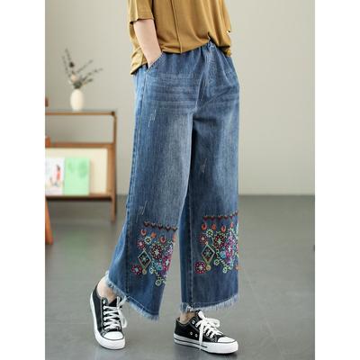 Jeans im Ethno-Stil für Damen Frühjahrs-Herbst-Kollektion Elastisch Hoher Bund Bestickt Locker Neun-Viertel Weiter Bein Hosen