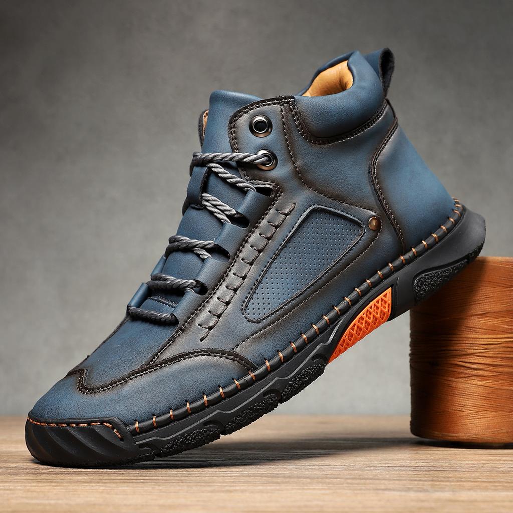 Large Size Men's Shoes, Leather Boots, Men's Fashion Stitched Shoes, Ankle Boots, Flat Bottomed Lace Up Martin Boots, Outdoor High Top Shoes