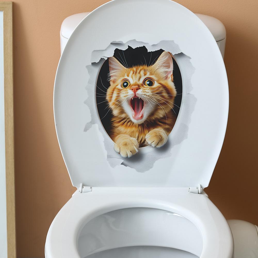 Fierce Cute Cat Breaking Through Wall Toilet Sticker Self-Adhesive Removable Bathroom Funny Home Decor Art