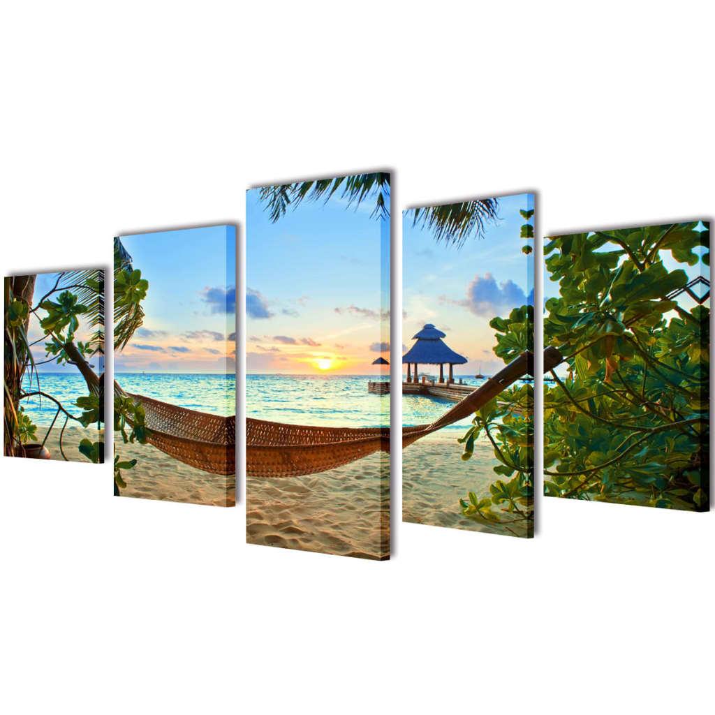 Zestaw Obrazów Canvas 100 X 50 Cm Plaża I Hamak