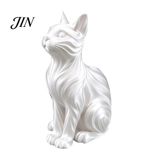 Small Cat Sculpture Gift 3D Printed Statue with Wavy Fur, Modern Sitting Figurine for Display Bookshelf Decor, Minimalist Art Home Office, Lovers