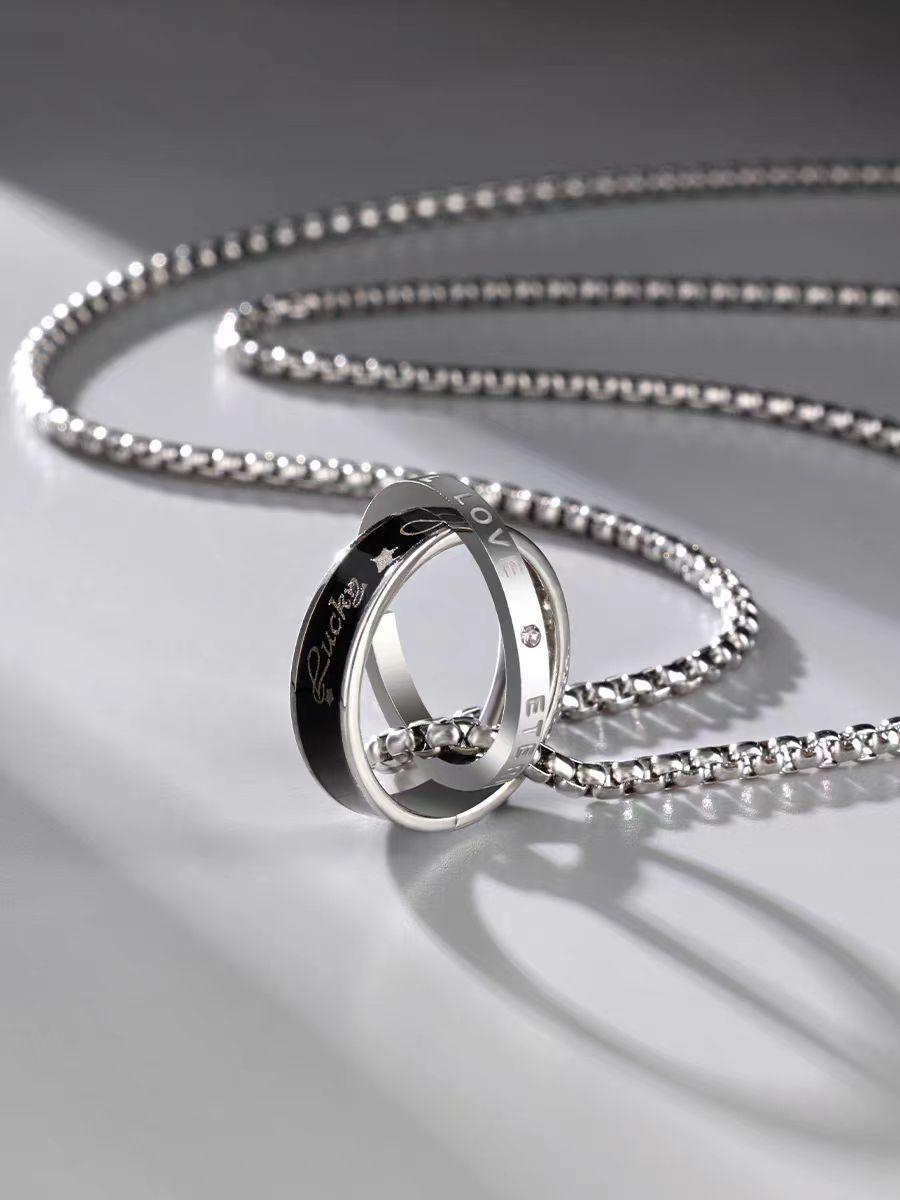 

Ожерелье из титановой стали с двойным переплетенным кольцом: Дизайн в стиле хип-хоп, не выцветающая, универсальная цепочка с подвеской унисекс. 70cm double ring чёрный