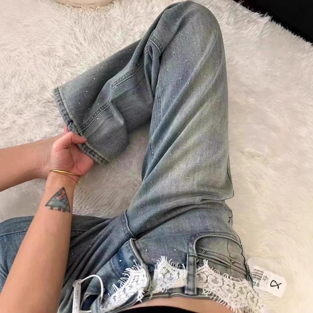 Women's High Waist Rhinestone Jeans - Wide Leg, Loose Fit, Floor Length, Summer Style