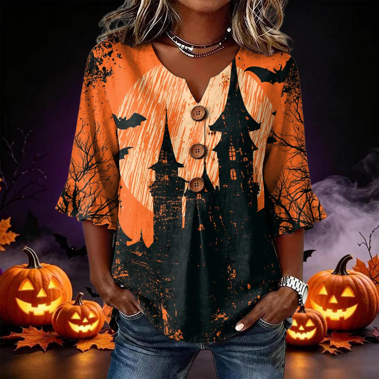 Women s Casual Loose Fit Halloween Print Lace Sleeve Blouse Top L