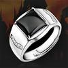 Men's Adjustable Black Agate Square Ring with Black Diamond - Korean Style and Smooth Finish