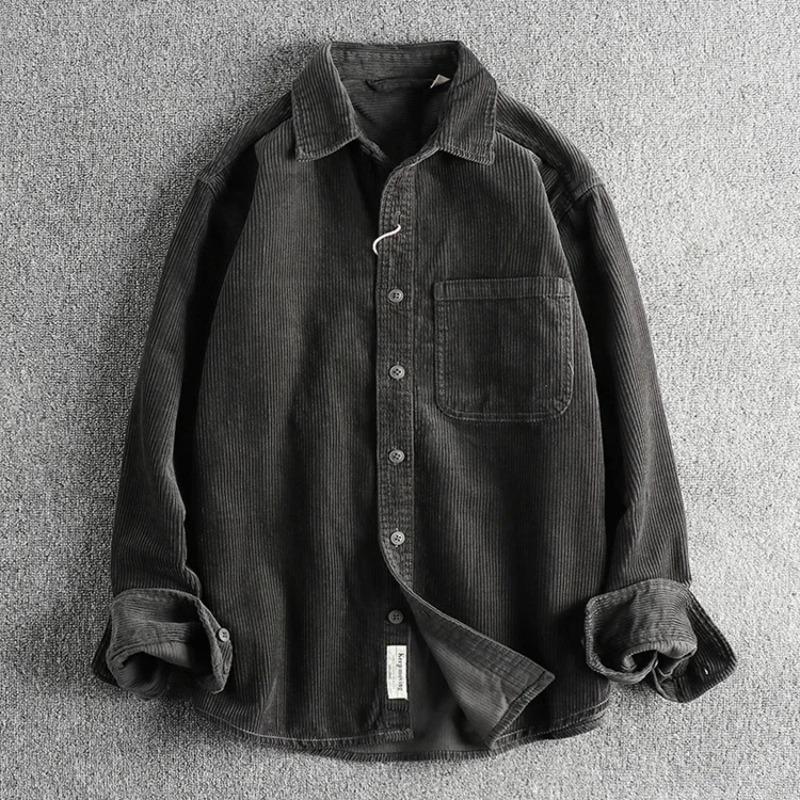 Solid Color Corduroy Vintage Shirt Men Spring Fashion Simple Basic Long Sleeve Blouse America Style Coats