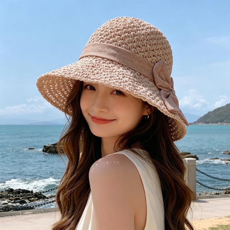 Elegant Bows Straw Hat for Women Breathable Summer Beach Hat Sun Protections Wide Brims Fisherman Cap