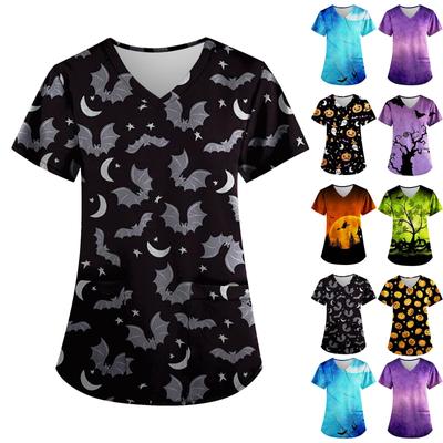 Women's Fashion V-neck Short Sleeve Workwear With Pockets Halloween Printed Tops