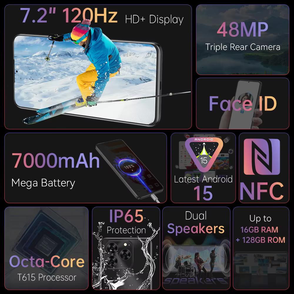 Cubot Smartphone Note 60 6GB RAM 128GB ROM Schermo da 7,2 pollici 120Hz Fotocamera da 48MP Batteria da 7000mAh