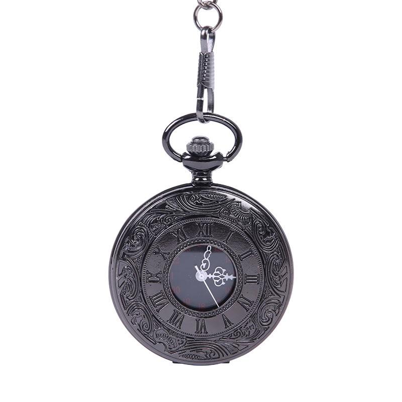 Large Black Chunky Chain Pocket Watch with Double Roman Numerals & Openwork Lace