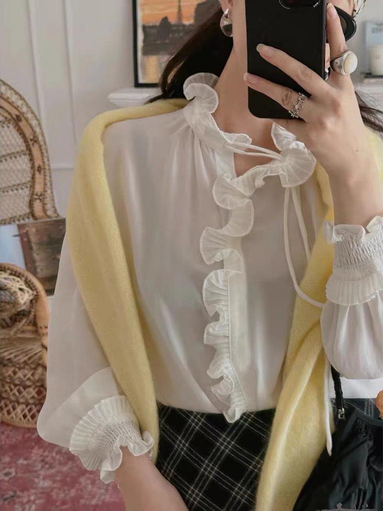 2025 Sweet French Retro Ruffled Long Sleeve Acetate Shirt