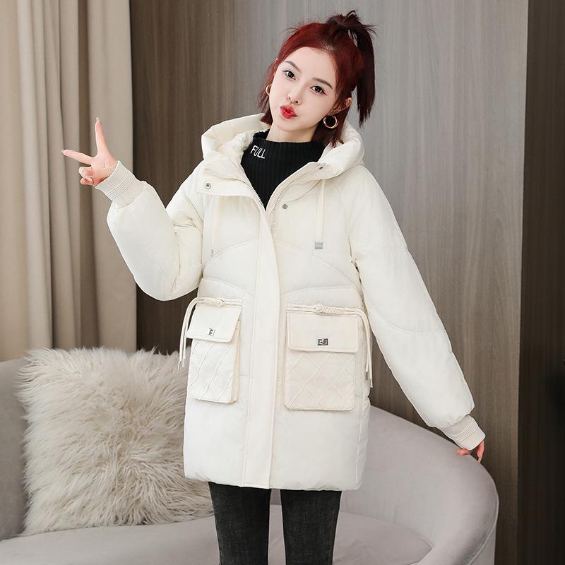 Women's Korean Style Hooded Mid-Length Cotton Jacket—Free Shipping, Solid Color, Loose Fit, Thickened for Winter Cold Protection.